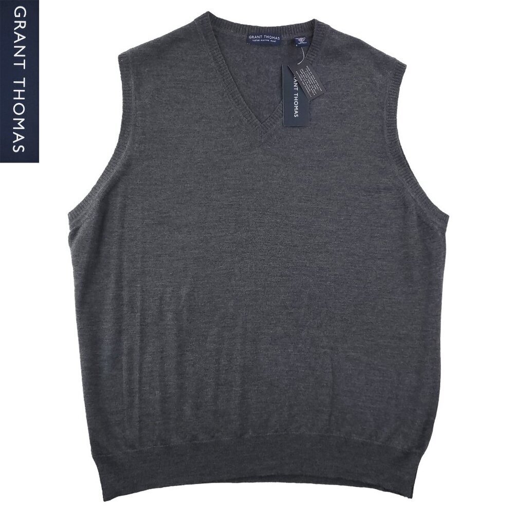 Grant Thomas Italian Merino Wool Sweater Vest Soft V-Neck Italy Gray Men XL NWT